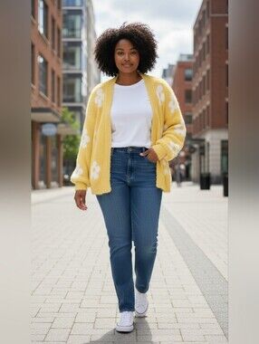 Miss Sparkling Fuzzy Yellow Floral Sweater – Cozy & Chic in XL